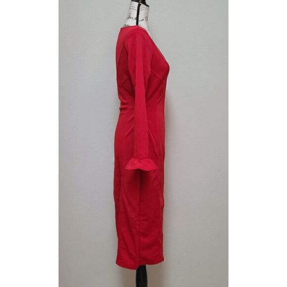 ❤️ Long Ruffle Sleeve Front Slit Bodycon Boat Neck Party Midi Red Dress M NEW - Picture 13 of 17
